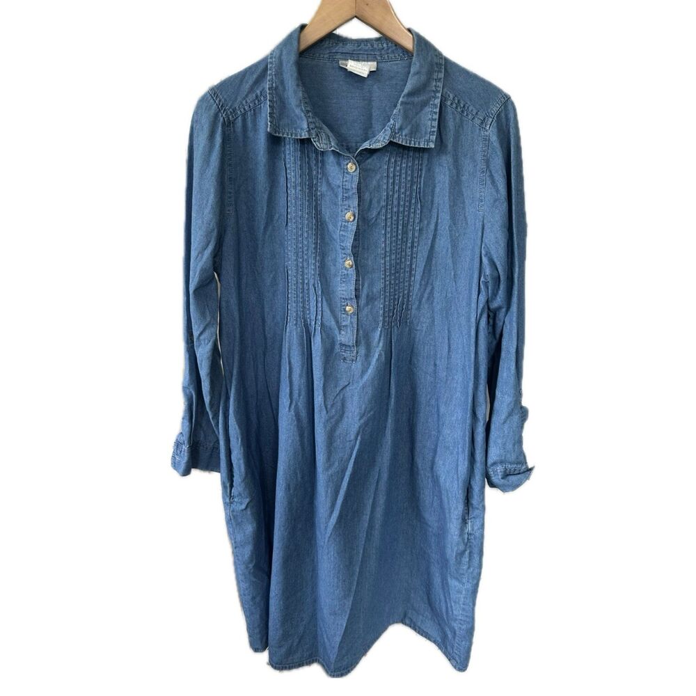 CW Classics Blue Denim Chambray Pintucked Roll Tab Sleeve Pockets Shirt Dress L